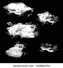 Set of isolated clouds on a black background. Smoke or thunderclouds. Kit of Design elements. Set of Realistic and Transparent Different Clouds.  