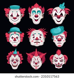 Set with isolated clowns faces with cartoon style images red hair funny hats on black background vector illustration