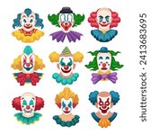 Set of isolated clowns faces with scary heads painted noses eyebrows red lips and funny hats with cartoon style, Clown Head set, avatar, vector illustration, isolated on white background.
