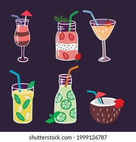 Set of isolated cocktail drinks and smoothies. Vector illustration