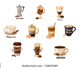 Set of isolated coffee banners for cafe or restaurant, bistro or shop, store or bar. Latte and hot mocha, cappuccino and glace, fredo with cream and americano in cup, espresso. Takeaway theme