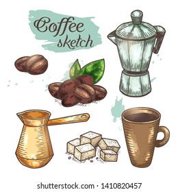 Set of isolated coffee beans and sugar cubes, cezve or ibrik, pot or kettle, carafe and coffee maker. Doodle illustration for coffehouse or shop. Arabica and espresso, caffeine, cappuccino advertising