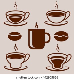 Set of isolated coffee cups and beans. Can be used for logos, business identity, print products, page and web decor or other design by coffee shops, restaurants or cafes.