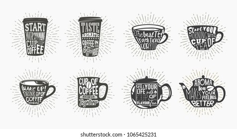 Set Of Isolated Coffee Mug With Sun Rays Or Glowing Plastic Sleeve, Shining Tea Cup With Font, Glassware Kettle With Lettering For Chalkboard. Caffeine And Cafeteria, Type And Typography, Drink Theme