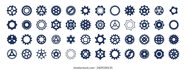 Set of isolated cog and gear icons. Simple machine industrial and technology graphic vector elements. Cogwheels for settings or business symbols