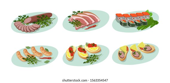 Set of isolated cold cuts and sandwiches. Appetizers with sausage, ham and caviar. Vector flat illustration.