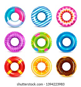 Set of isolated color inflatable rubber swimming rings realistic images with colourful pattern on blank background vector illustration