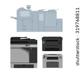 Set of isolated color laser printer in vector. Digital print machine design. Color copy document and printing equipment. Office hardware collection. Big press machine and small copier for business.