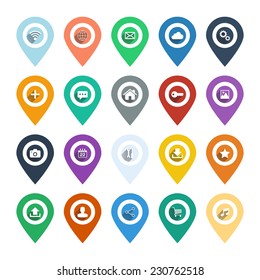 Set of isolated color pointers and markers for map and plan with web icons.