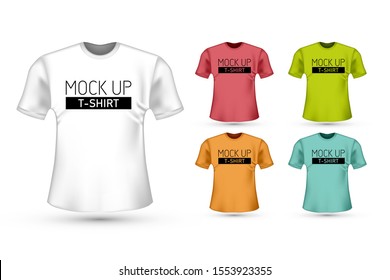 Set of isolated color t-shirt mockup with place for text. Sport realistic shirt template. Young man clothes for fashion or advertising textile print. Vector illustration