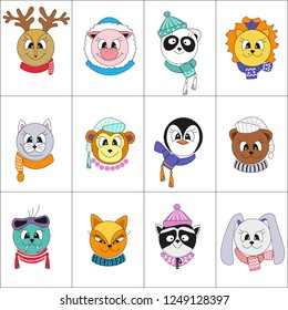 Set of isolated colored cartoon animals in winter clothes. Vector illustration.