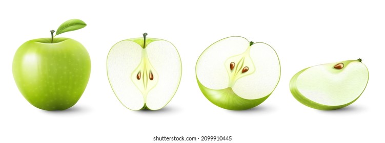 Conjunto de manzanas verdes aisladas de color, rodajas y fruta jugosa entera sobre fondo blanco. Colección realista de frutos vectoriales en 3d.