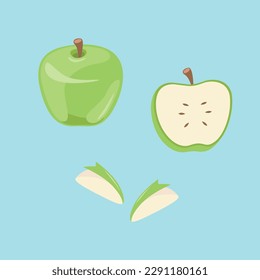 Set of isolated colored green apple half, slice and whole juicy fruit. Green apple vector collection. Set of fresh organic healthy fruit.