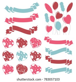 Set of isolated colored hearts, balloons, ribbons and banners on a white background. Simple flat vector illustration. Suitable for greeting card, weddings, holidays, sites.