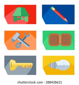 Set of isolated colored icons in the style of flat. Various tools and stationery. Concept icons for web and mobile applications. Elementy design. Vector illustration