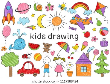 set of isolated colored kids drawing