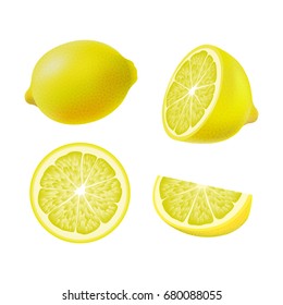 Set of isolated colored lemons, half, slice, circle and whole juicy fruit on white background. Realistic citrus collection.