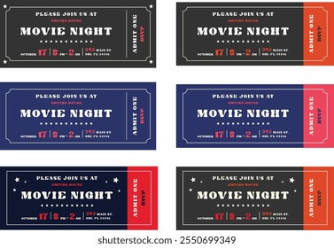 Set of isolated colored Movie night tickets. Ticket templates. Admit one, RSVP. Invitation template