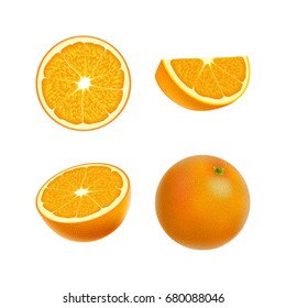 Set of isolated colored orange, half, slice, circle and whole juicy fruit on white background. Realistic citrus collection.