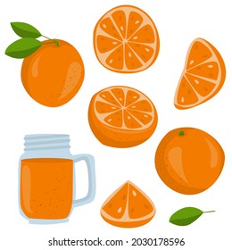 Conjunto de naranjas aisladas de color con hojas, medias, rodajas, redondo y frutos jugosos enteros sobre fondo blanco. Decantador de zumo de naranja. Ilustración plana dibujada a mano por vectores.