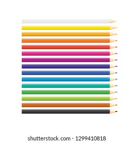 Set of isolated colored pencils arranged in row on white background. Rainbow colors. Yellow, orange, blue, green, pink, purple, red brown black.