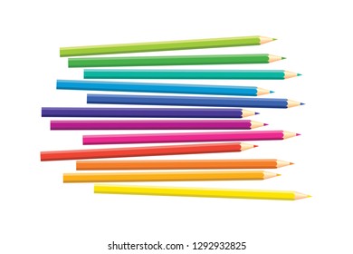 Set of isolated colored pencils on white background. Rainbow colors. Yellow, orange, blue, green, pink, purple, red.