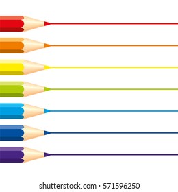 Set of isolated colored pencils: red, orange, blue, light blue, violet, green, yellow, with horizontal straight lines for note, on white background. Rainbow colors.