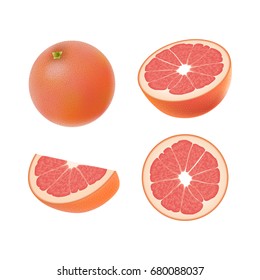 Set of isolated colored pink grapefruits, half, slice, circle and whole juicy fruit on white background. Realistic citrus collection.