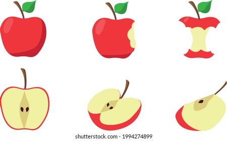 Conjunto de la mitad de manzana roja de color aislado, rodaja y fruta jugosa entera sobre la ilustración vectorial de fondo blanco