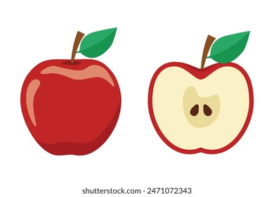 Set of isolated colored red apple half, slice and whole juicy fruit on white background. Vector fruit collection. Green apple cartoon set. Cross section of cut apple, slices and whole fruit, isolated.