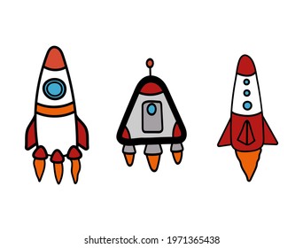 Set of isolated colored rockets drawn by hand. Vector illustration.