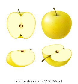 Set of isolated colored yellow apple half, slice and whole juicy fruit on white background. Realistic fruit collection.