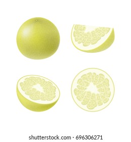 Set of isolated colored yellow pomelo, half, slice, circle and whole juicy fruit on white background. Realistic citrus collection.