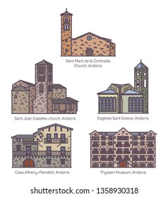 Set of isolated colorful Andorra church and castle