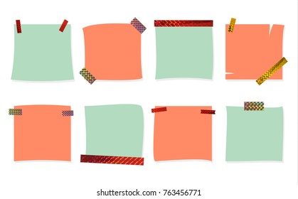Set isolated colorful blank note papers on white background.