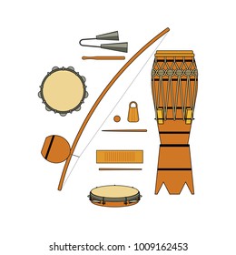 Set of isolated colorful brazilian musical instrument for bateria of capoeira on white background. Colorful collection of instruments: atabaque, agogo, pandeiro, reco-reco, berimbau.