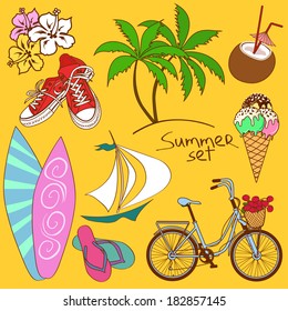 Set of isolated colorful cartoon summer icons. 