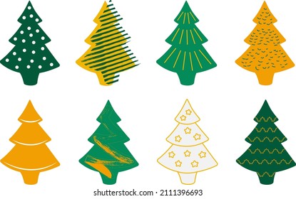 Set of isolated colorful Christmas trees with patterns on a white background