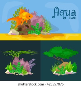 Set isolated colorful corals and algae, Vector underwater flora, fauna.