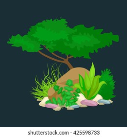 Set isolated colorful corals and algae, Vector underwater flora, fauna.
