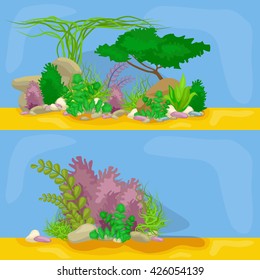 Set isolated colorful corals and algae, Vector underwater flora, fauna.