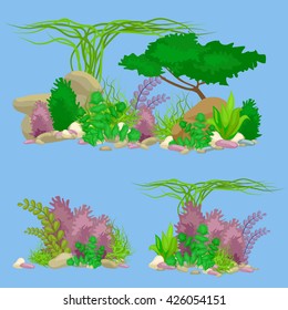 Set isolated colorful corals and algae, Vector underwater flora, fauna.