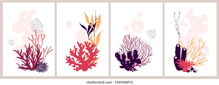 Set of isolated colorful corals compositions on a white background.