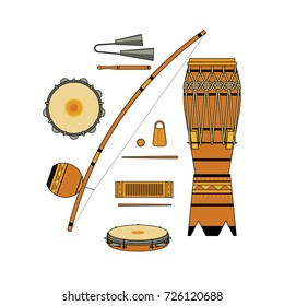 Set of isolated colorful decorative ornate brazilian musical instrument for bateria of capoeira on white background. Colored collection of instruments: atabaque, agogo, pandeiro, reco-reco, berimbau.