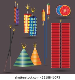 set of isolated colorful firecracker for Diwali holiday fun festival, events. 