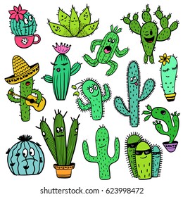 Set of isolated colorful funny cactus and succulent characters. Houseplant and wild cool cartoon cactus collection.