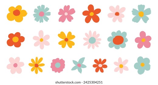 Conjunto de flores de textura dibujadas a mano coloridas aisladas. Colección vectorial de boceto de tiza de grunge. Los garabatos brillantes pintan a los niños dibujando. Bordes ásperos. Para tarjeta de decoración, cartel, banner, redes sociales.