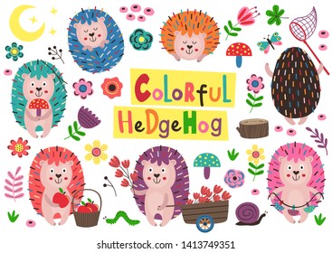 set of isolated colorful hedgehogs and other elements - vector illustration, eps