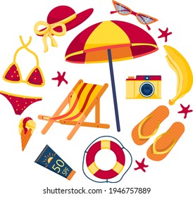 Set of isolated colorful images of summer things in cartoon style. Banana, umbrella, sunscreen, glasses, camera, swimsuit, ice cream, hat, star. Vector illustration
