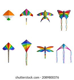 Conjunto de cometas aisladas y coloridas de diferentes tipos y formas. Elementos del festival "Makar Sankranti"